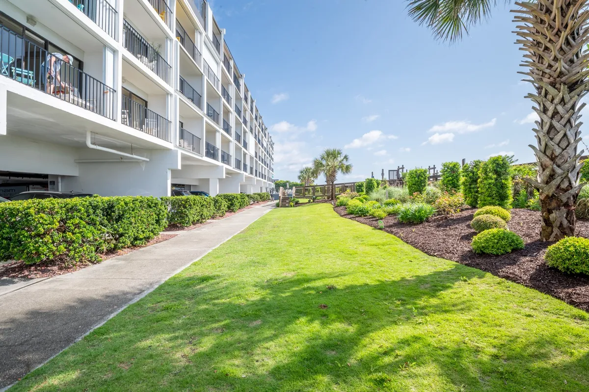 A lush garden with palm trees, balcony views, and a sunlit pathway leading to a tranquil outdoor space. The image hints at serene moments on the balcony and relaxed evenings outdoors.